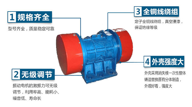 VB振動(dòng)電機(jī)特點(diǎn)：1，規(guī)格齊全：型號(hào)齊全，質(zhì)量穩(wěn)定可靠。2，無極調(diào)節(jié)：振動(dòng)電機(jī)的激振力可無極調(diào)節(jié)，利用率高，能耗小，噪音低，壽命長(zhǎng)。4，外殼輕度大：外殼采用消失模一次性整體鑄造替換原有分體制造，外觀好看，強(qiáng)度大。