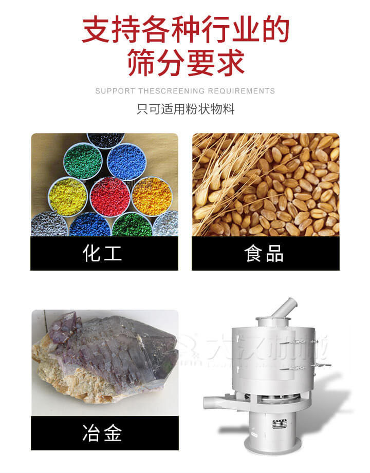 氣流篩用于礦粉，石墨粉，活性納米碳酸鈣，鋁灰，大豆粉，碳酸重鈣，石墨粉，木粉，干草，重金石粉，藥粉末，橡膠顆粒，草酸鹽，干料粉，木粉，聚酯粉，干粉，塑料，金屬粉末，橡膠粉，粉煤灰，石墨粉，陶瓷粉，鋅粉，石英粉，石灰粉，鐵粉，金屬硅粉等。