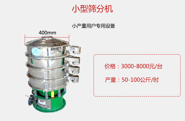 小型篩分機產(chǎn)量可達(dá)100公斤/時，價格3000元起。