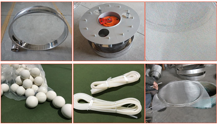 800型全不銹鋼振動篩配件有：振動篩篩框，電機(jī)，不銹鋼篩網(wǎng)等。