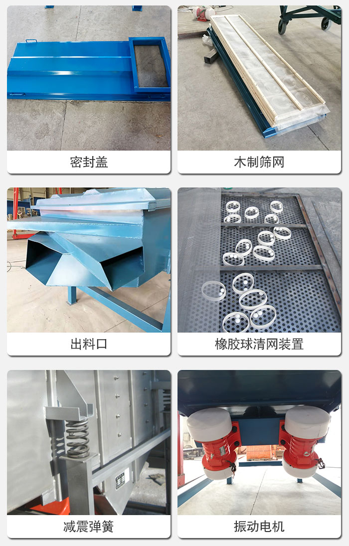 直線篩結(jié)構(gòu)展示：篩網(wǎng)，篩箱，振動(dòng)電機(jī)，振動(dòng)電機(jī)座，減震彈簧，支架等部件展示圖