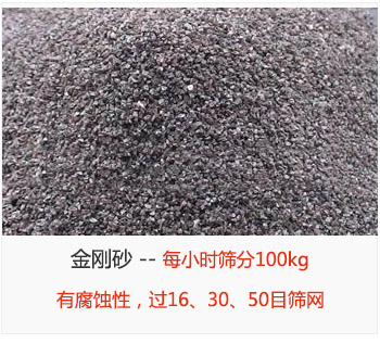 篩分金剛砂每小時(shí)100kg，有腐蝕性，過(guò)16、30、50目篩網(wǎng)