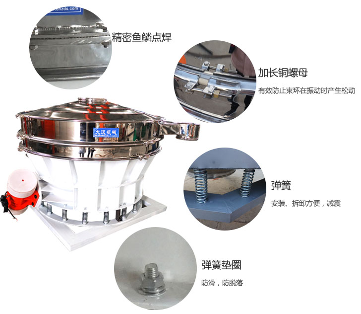 1500直排篩細節(jié)展示：彈簧，彈簧墊圈，加長銅螺母。