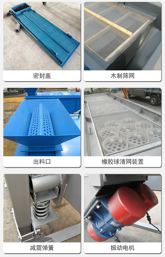 直線篩分機(jī)的結(jié)構(gòu)展示圖：篩箱是物料主要篩分設(shè)備之一，篩網(wǎng)用于篩分物料，振動(dòng)電機(jī)幫助篩網(wǎng)篩分。