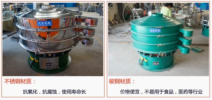 800型振動(dòng)篩有不銹鋼和碳鋼兩種材質(zhì)，不銹鋼材質(zhì)：抗氧化，抗腐蝕，使用壽命長 碳鋼材質(zhì)：價(jià)格便宜，不易篩分食品，化工，醫(yī)藥等行業(yè)的物料。
