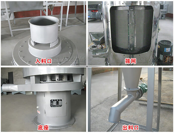氣流篩部件展示：入料口，篩網(wǎng)，底座，出料口等。