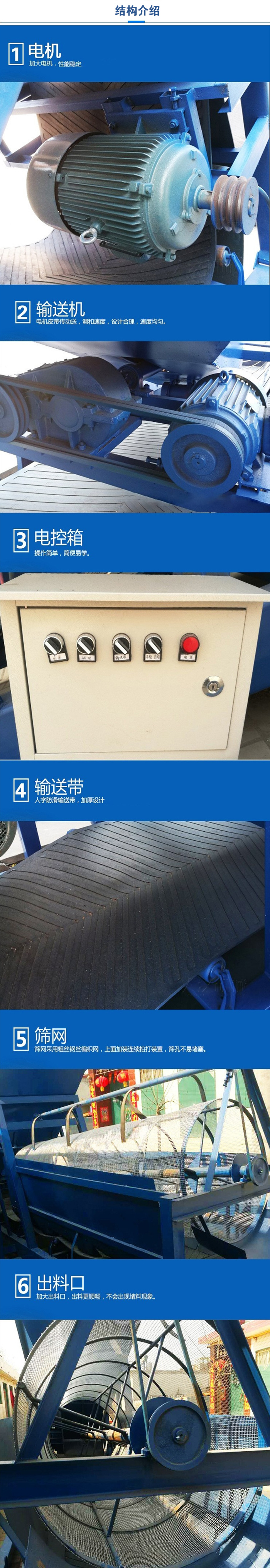 移動篩沙機結(jié)構(gòu):電機，加大電機，性能相對比較穩(wěn)定。輸送機：電機皮帶傳動送，調(diào)和速度，設(shè)計合理，速度均勻。電控箱：操作簡單，簡便易學(xué)。輸送帶：人字防滑輸送帶，加厚設(shè)計。篩網(wǎng)，采用粗絲鋼絲編織而成的篩網(wǎng)，上面加裝連續(xù)拍打裝置，篩孔不易堵塞。出料口：加大出料口，出料更順暢，不會出現(xiàn)堵料現(xiàn)象。