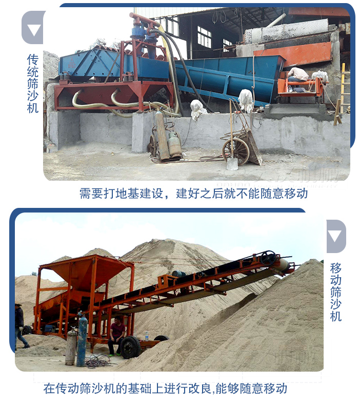 移動的篩沙機在安裝前需要打地基，而固定完畢后就不能隨意的移動，而移動篩沙機不需要打地并且隨時能夠進行移動。