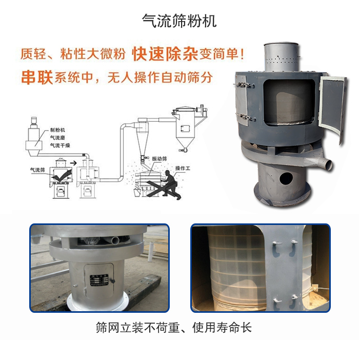 氣流篩粉機(jī)適用：質(zhì)輕，粘性大微粉采用串聯(lián)系統(tǒng)重，無(wú)人操作自動(dòng)篩分 特點(diǎn)：篩網(wǎng)立裝不負(fù)重，使用壽命長(zhǎng)。