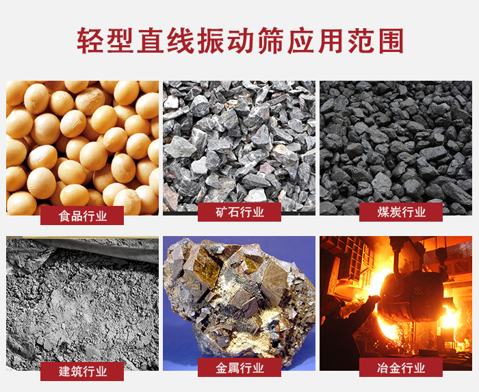輕型直線振動篩應(yīng)用范圍較廣多使用與顆粒狀，粉狀以及其它重型行業(yè)的輸送。