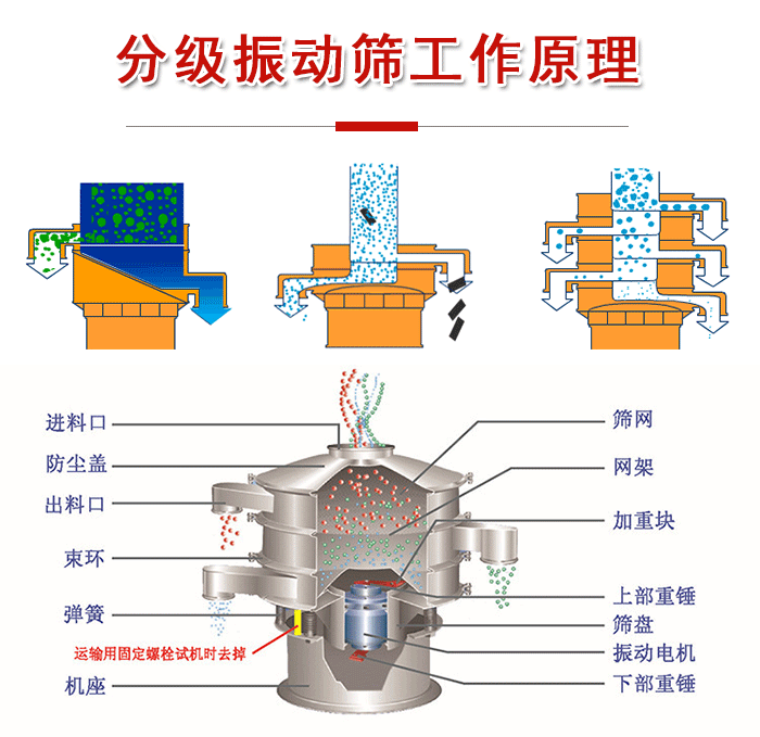 分級(jí)振動(dòng)篩內(nèi)部結(jié)構(gòu)：進(jìn)料口，防塵蓋，出料口，束環(huán)，彈簧，機(jī)座，篩網(wǎng)，網(wǎng)架，上部重錘，振動(dòng)電機(jī)，下部重錘。