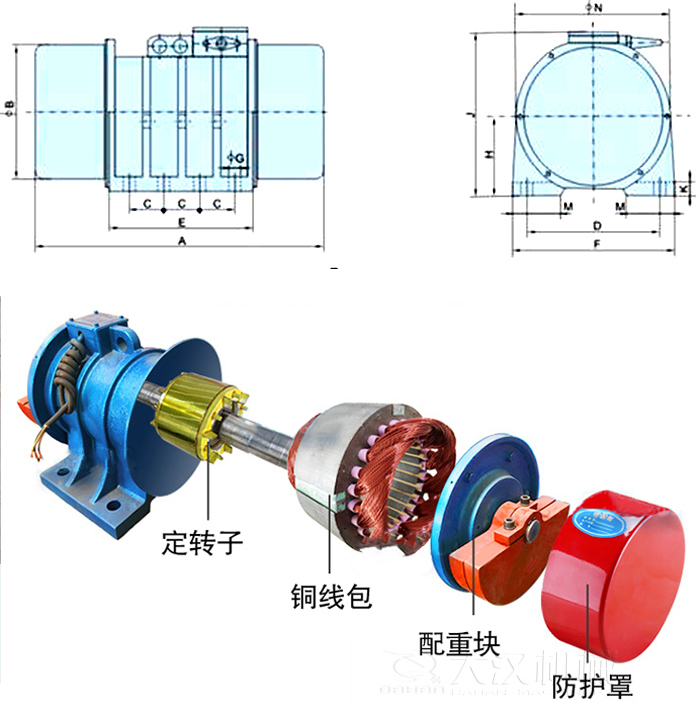YZS振動電機(jī)內(nèi)部主要部件：定轉(zhuǎn)子，銅線包，配重塊，防護(hù)罩。