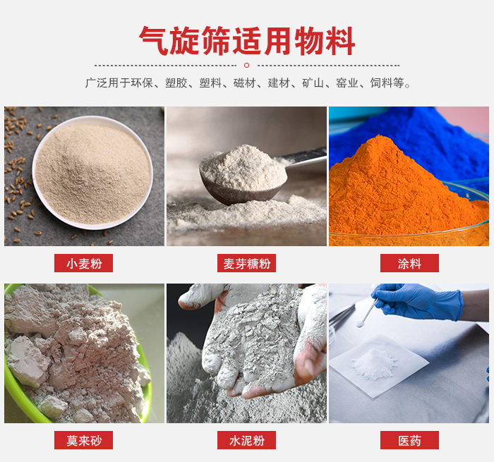 氣旋篩適用物料：小麥粉，麥芽糖粉，涂料，等粉狀物料。
